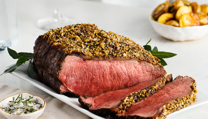 STRIP LOIN WITH HERB AND ROASTED GARLIC CRUST