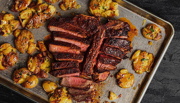 Reversed Sear Chipotle BBQ Rubbed T-Bone with Smashed Potatoes